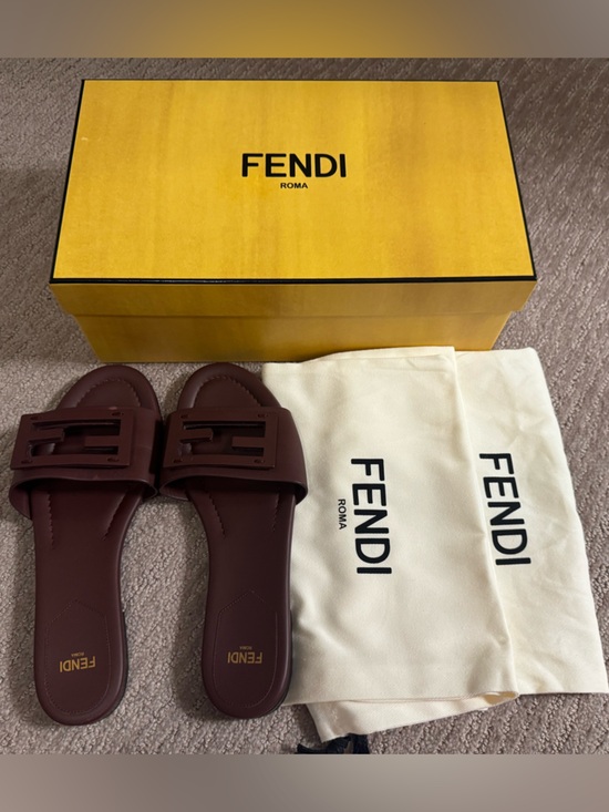Fendi Shoes - Fendi Brown FF Cutout Leather Slide Sandals